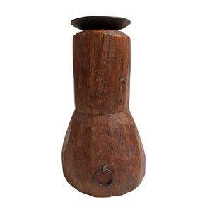 Hand-Carved Wooden Candle Holder with Metal Accent Rustic